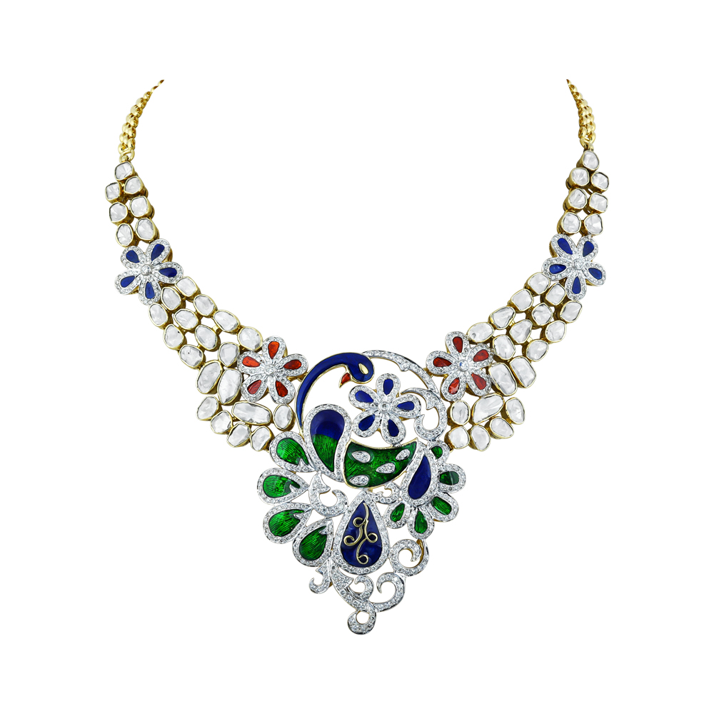 Peacock Motif Necklace with Enamel, Polki, and Floral Design